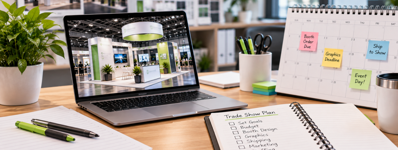 Desk view for trade show planning: laptop screen shows a booth while a calendar with sticky notes, a notebook, and a plant sit nearby.