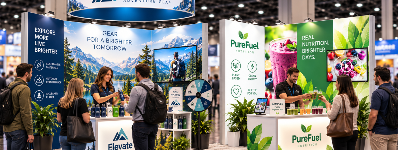 Trade show booth for Elevate Adventure Gear with a mountain mural; staff pour drinks while visitors browse bottled products and a spinning prize wheel nearby.