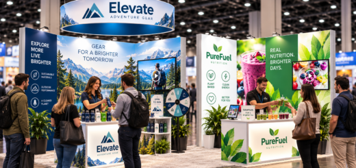 Trade show booth for Elevate Adventure Gear with a mountain mural; staff pour drinks while visitors browse bottled products and a spinning prize wheel nearby.