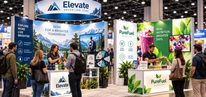 Trade show booth for Elevate Adventure Gear with a mountain mural; staff pour drinks while visitors browse bottled products and a spinning prize wheel nearby.