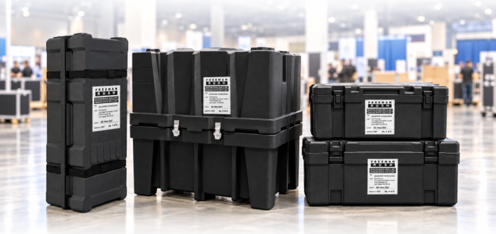 Trade show shipping labels on crates in a warehouse