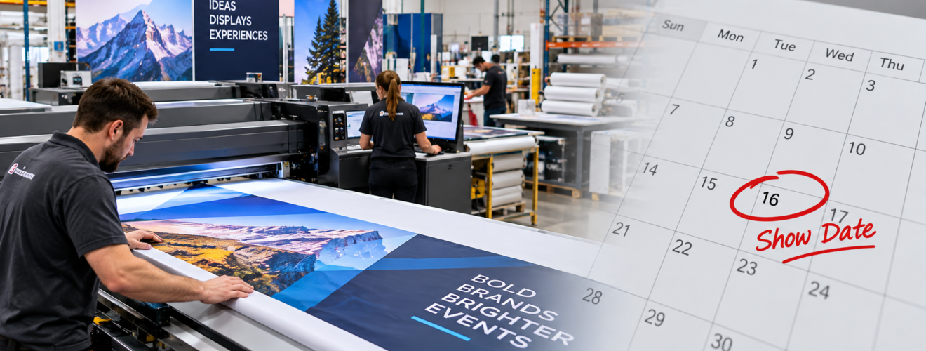 Worker printing a large-format trade show graphic in a production facility, with a calendar showing the show date circled in red