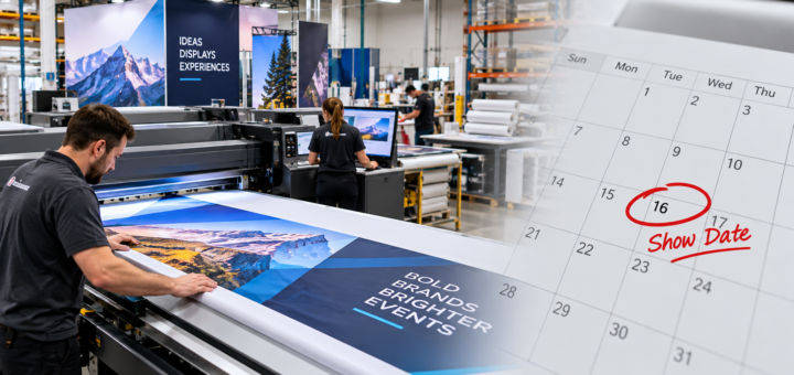 Worker printing a large-format trade show graphic in a production facility, with a calendar showing the show date circled in red