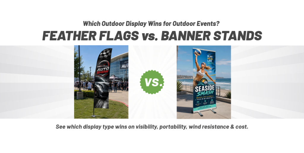 Graphic comparing feather flags vs banner stands for outdoor events, with a central VS badge and two display photos on either side.