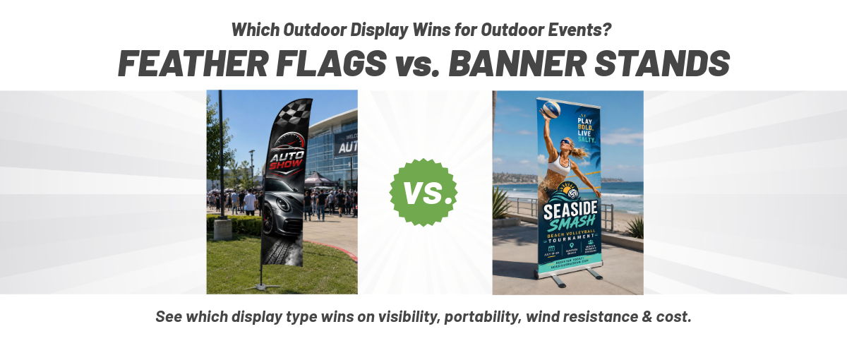 Graphic comparing feather flags vs banner stands for outdoor events, with a central VS badge and two display photos on either side.