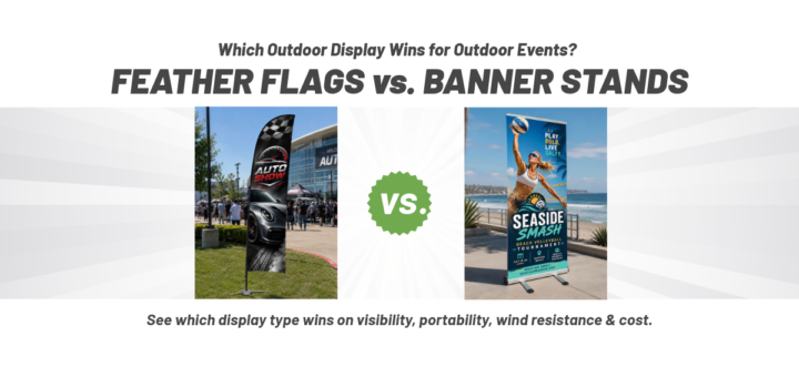 Graphic comparing feather flags vs banner stands for outdoor events, with a central VS badge and two display photos on either side.