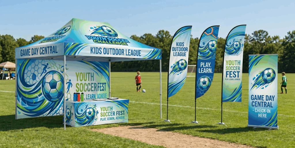 Youth Soccer Fest booth with banners reading Game Day Central and Kids Outdoor League on a sunny field, flags nearby.