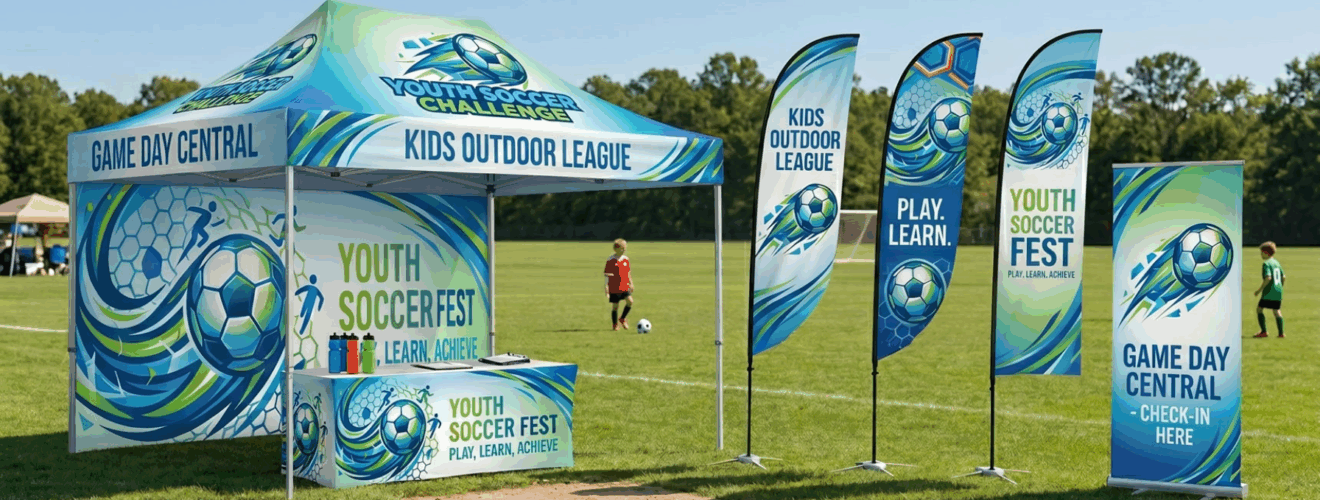 Youth Soccer Fest booth with banners reading Game Day Central and Kids Outdoor League on a sunny field, flags nearby.