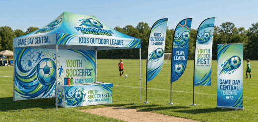 Youth Soccer Fest booth with banners reading Game Day Central and Kids Outdoor League on a sunny field, flags nearby.