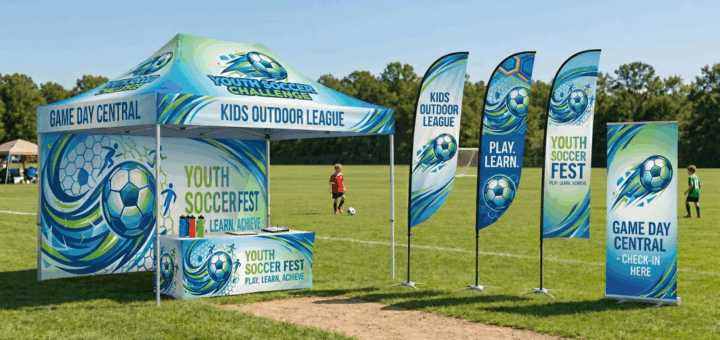 Youth Soccer Fest booth with banners reading Game Day Central and Kids Outdoor League on a sunny field, flags nearby.