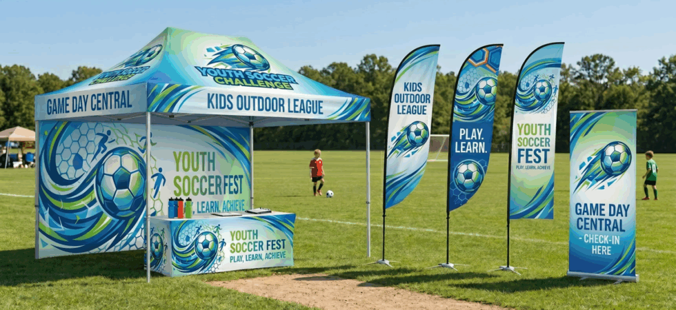 Youth Soccer Fest booth with banners reading Game Day Central and Kids Outdoor League on a sunny field, flags nearby.