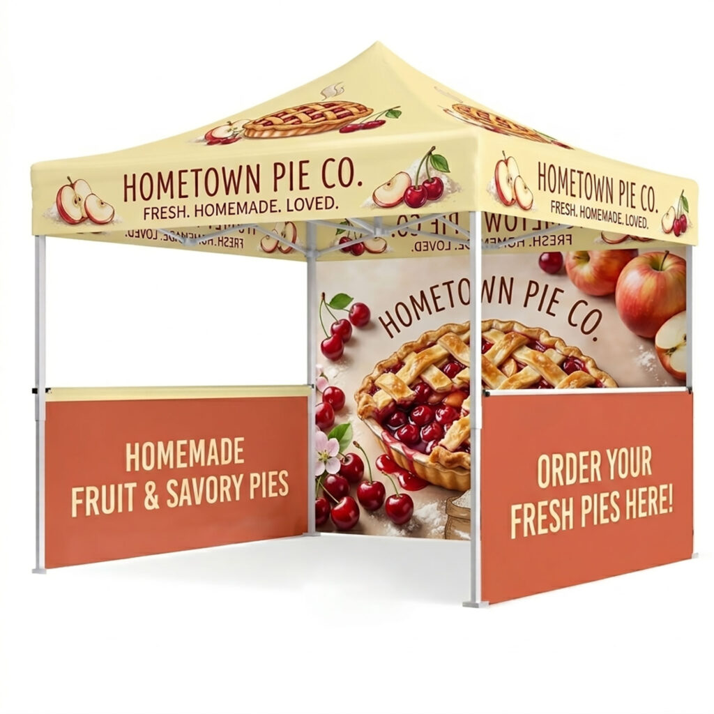 Hometown Pie Co. pop-up stand advertising fresh, homemade fruit pies; banners show cherries and apples.