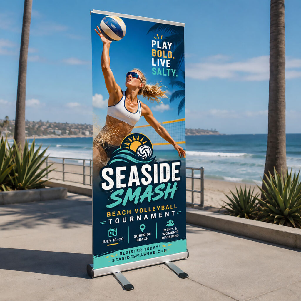 Thunder-Outdoor-BannerStand-left-beach-inuse - APG Exhibits Blog Thunder Double-Sided Outdoor Banner Stand