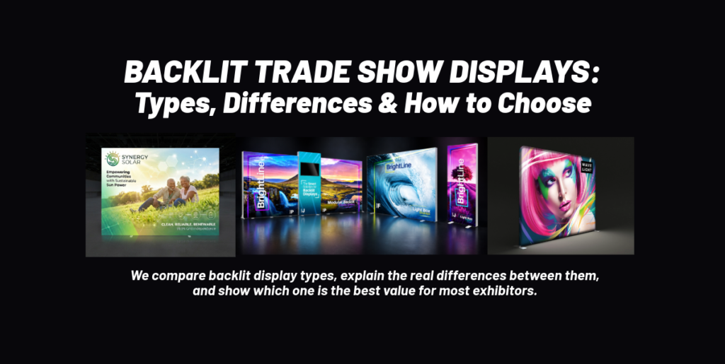 Backlit Blog Main Image - APG Exhibits Blog Backlit Trade Show Displays: Types, Differences & How to Choose — hero banner with four sample backlit displays and a caption about comparing types.
