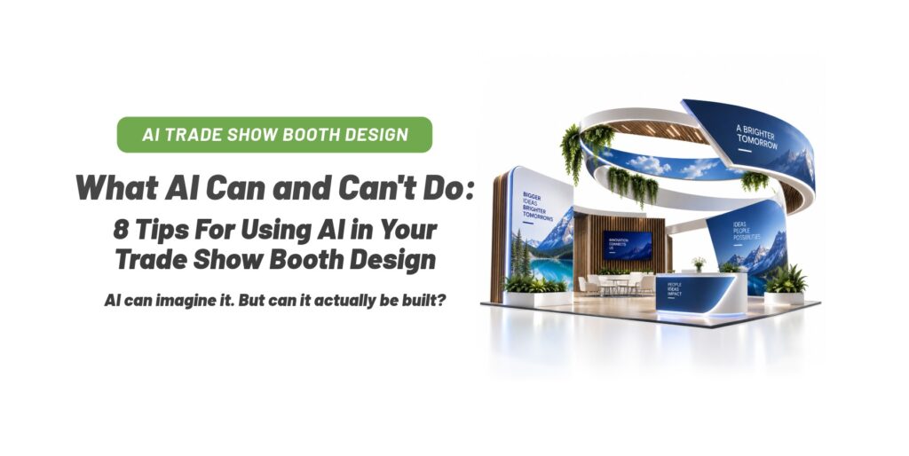 Banner for an article: bold AI trade show booth design text beside a futuristic expo booth on the right.