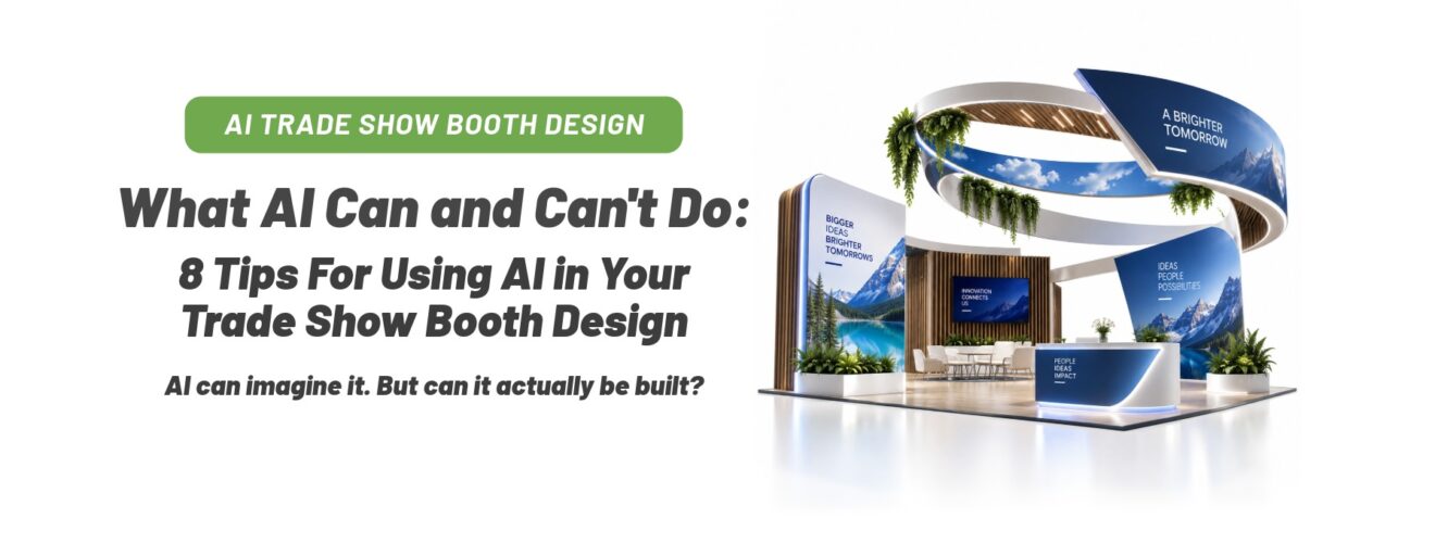 Banner for an article: bold AI trade show booth design text beside a futuristic expo booth on the right.