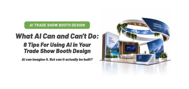 Banner for an article: bold AI trade show booth design text beside a futuristic expo booth on the right.