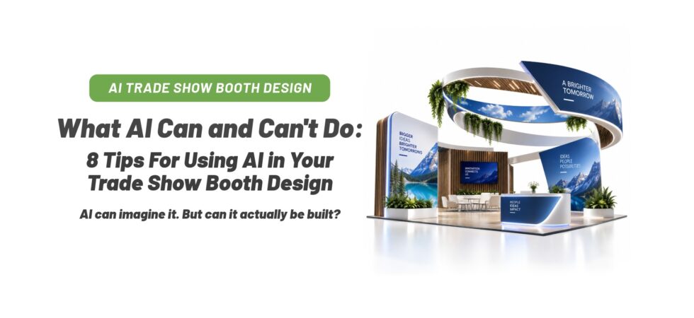 Banner for an article: bold AI trade show booth design text beside a futuristic expo booth on the right.